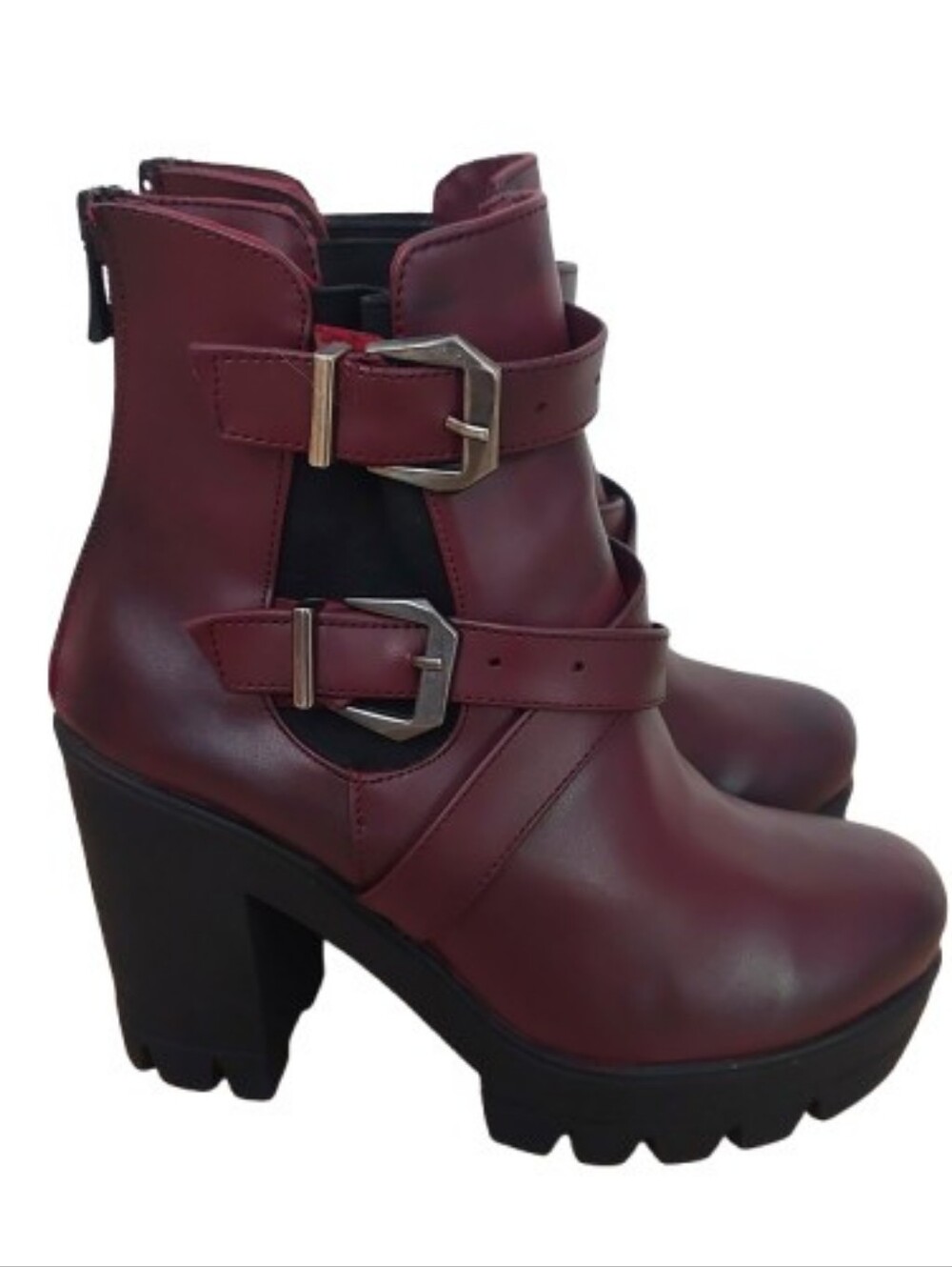 Women's Burgundy Chunky Heel Ankle Boots with Buckle Detail Size 38